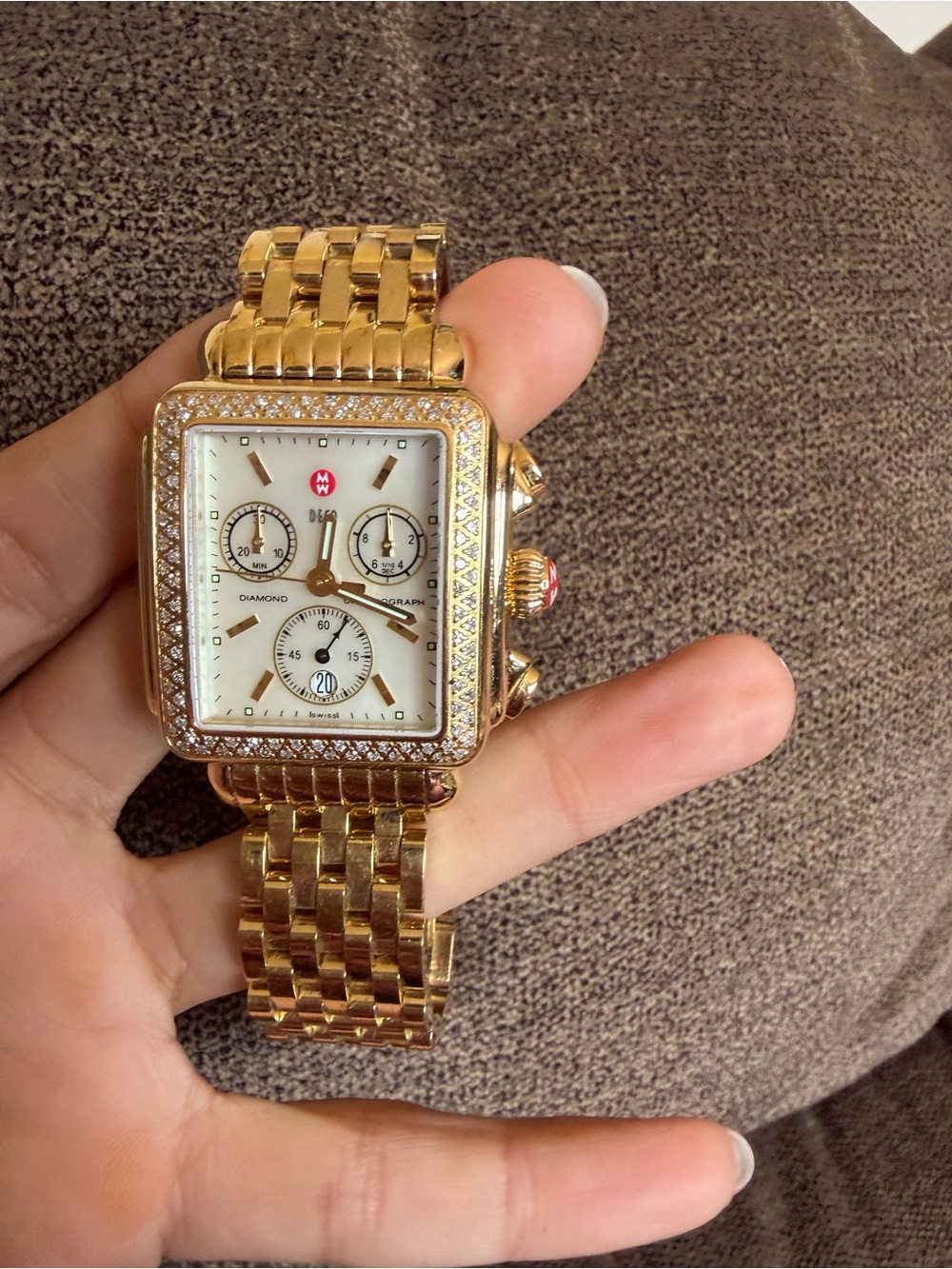 MICHELE Deco Diamond Chronograph Gold-Tone Watch Full Bracelet Box - Picture 3 of 8
